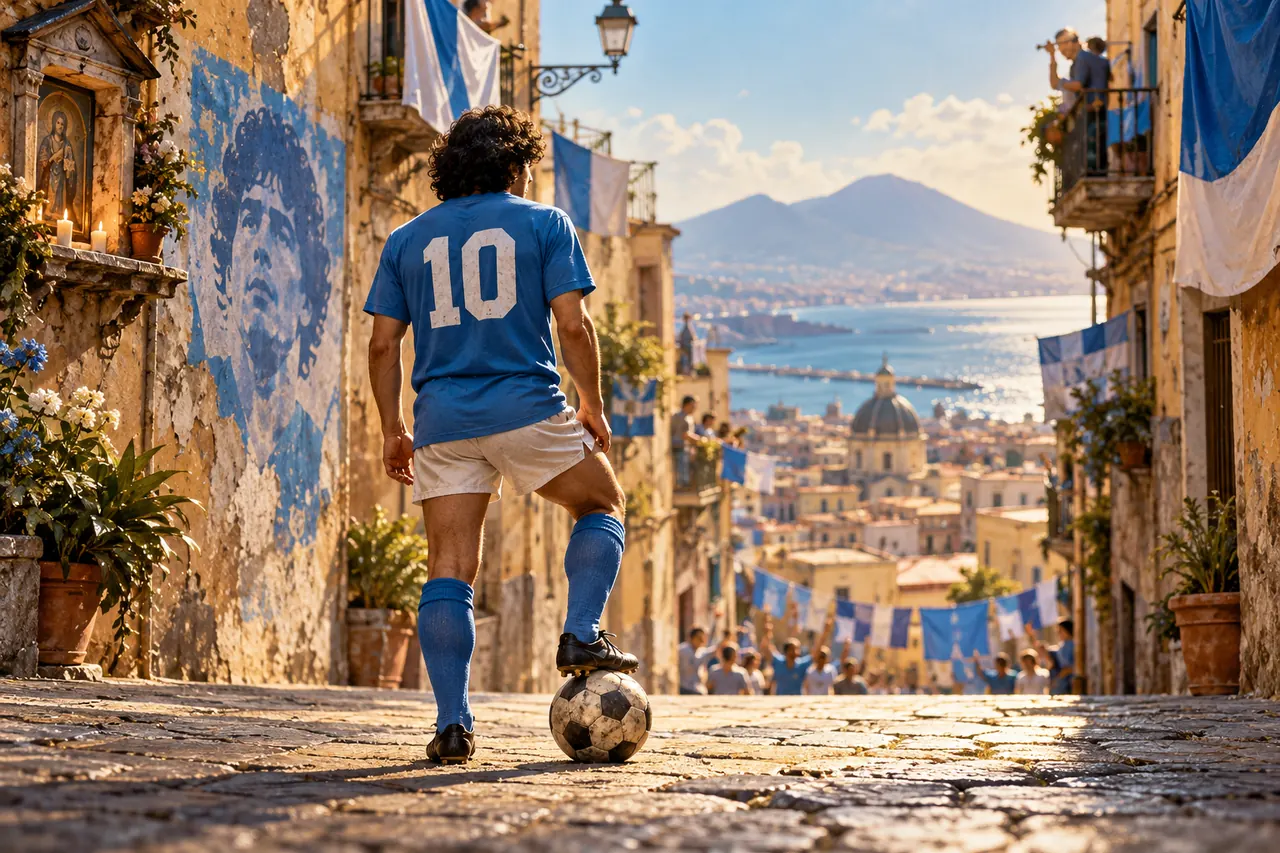 Editorial illustration of a number ten footballer in a Neapolitan street