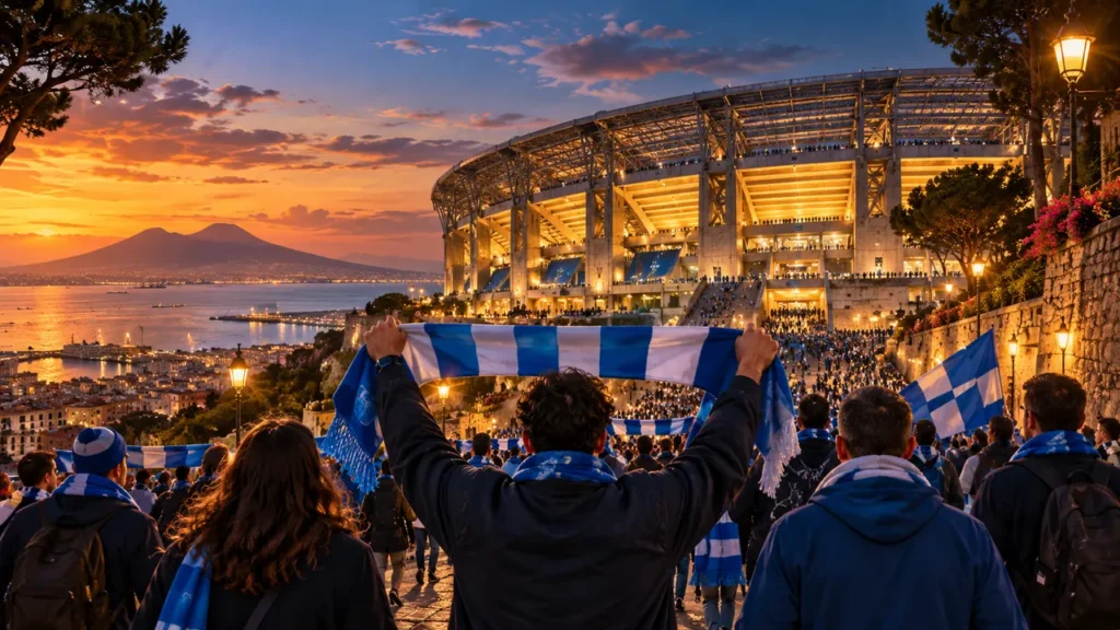 Illustrated supporters approaching an imagined stadium with blue scarves