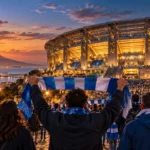 Illustrated supporters approaching an imagined stadium with blue scarves